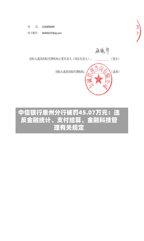 中信银行惠州分行被罚45.07万元：违反金融统计、支付结算、金融科技管理有关规定